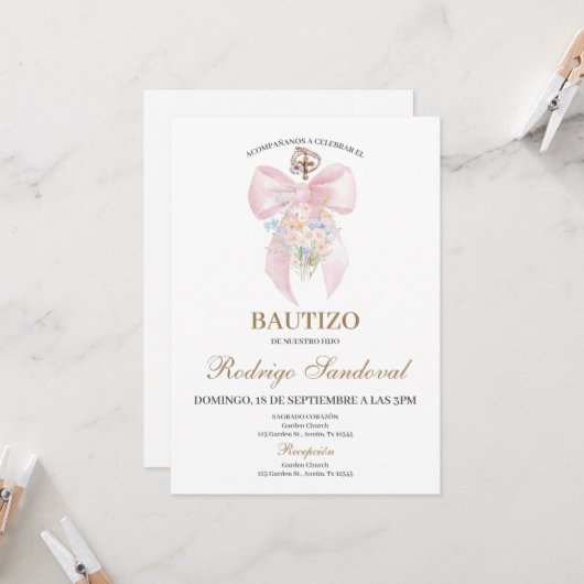 洗礼の女の子 ピンクの蝶結び 招待状 (正面/裏面インサイチュ)
