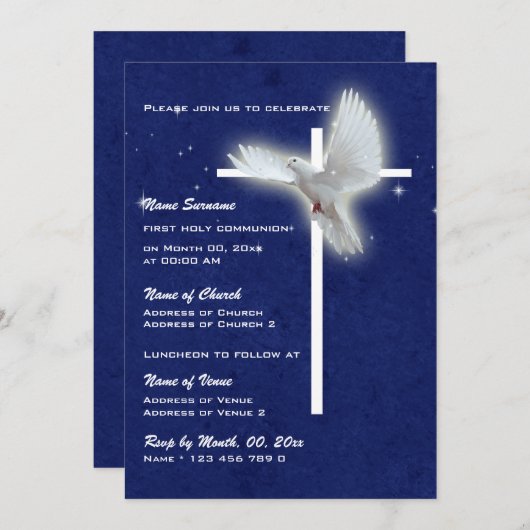 洗礼の宗教聖餐の確認の鳩 招待状 (正面/裏面)