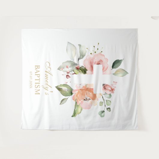 洗礼の少女用背景 - ブッシュピンクの花の十字架 タペストリー (正面(横))