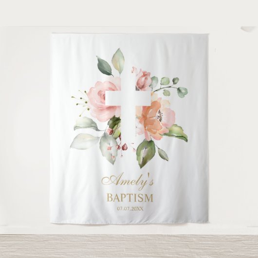 洗礼の少女用背景 - ブッシュピンクの花の十字架 タペストリー (正面)