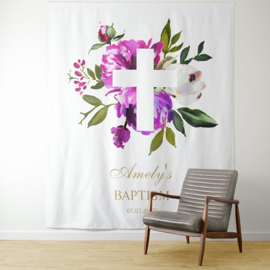 洗礼の少女用背景 - 紫の花の十字架 タペストリー (インサイチュ)