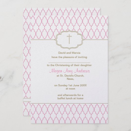 洗礼の招待状に洗礼を施すピンクおよび金ゴールド 招待状 (正面/裏面)