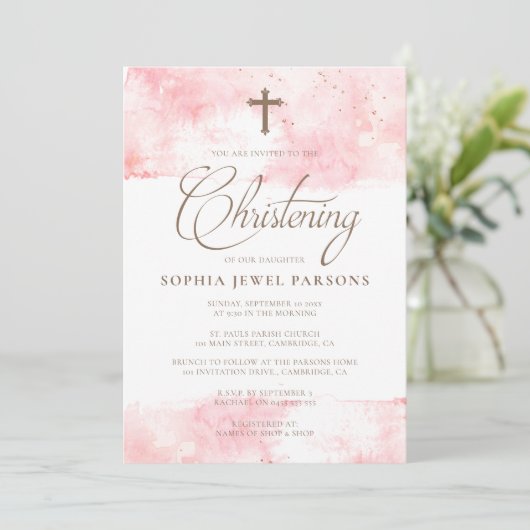 洗礼の招待状|のピンクのしぶき及び金ゴールドのグリッター 招待状 (スタンド正面)