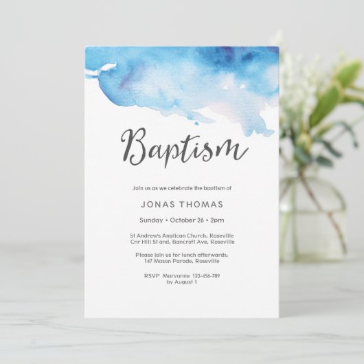 洗礼の招待状|の青い水彩画ははねかけます 招待状 (スタンド正面)