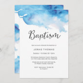 洗礼の招待状|の青い水彩画ははねかけます 招待状 (正面/裏面)