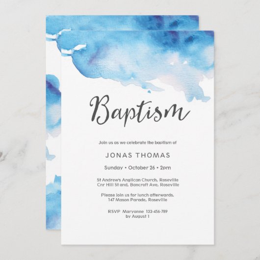 洗礼の招待状|の青い水彩画ははねかけます 招待状 (正面/裏面)