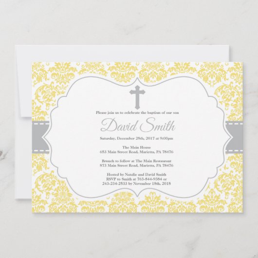 洗礼の招待状（黄色と灰色のダマスク柄） 招待状 (正面)