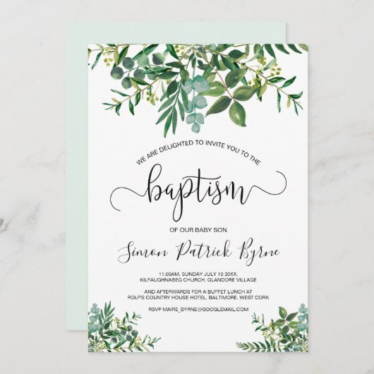 洗礼の発表の緑男女兼用色 招待状 (正面/裏面)