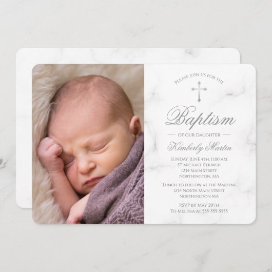 洗礼の白人の大理石の銀製の十字の写真の女の子 招待状 (正面/裏面)