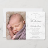 洗礼の白人の大理石の銀製の十字の写真の女の子 招待状 (正面)