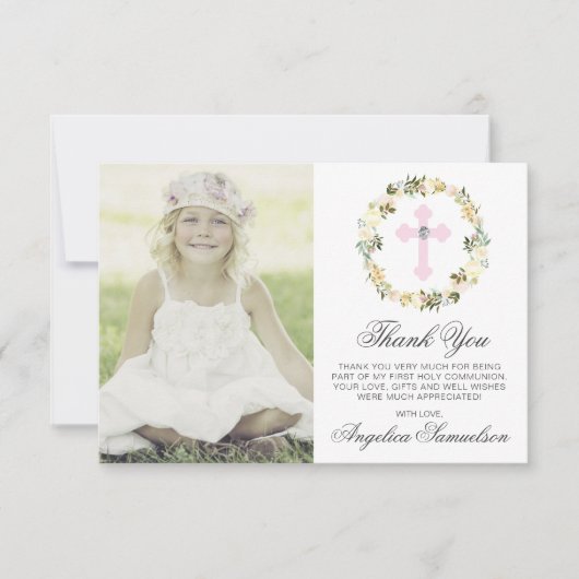 洗礼の聖餐の確認の女の子の花柄の写真 サンキューカード (正面)