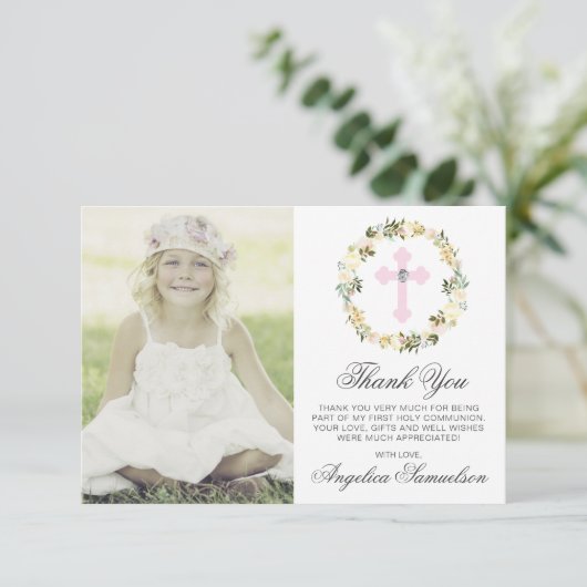 洗礼の聖餐の確認の女の子の花柄の写真 サンキューカード (スタンド正面)