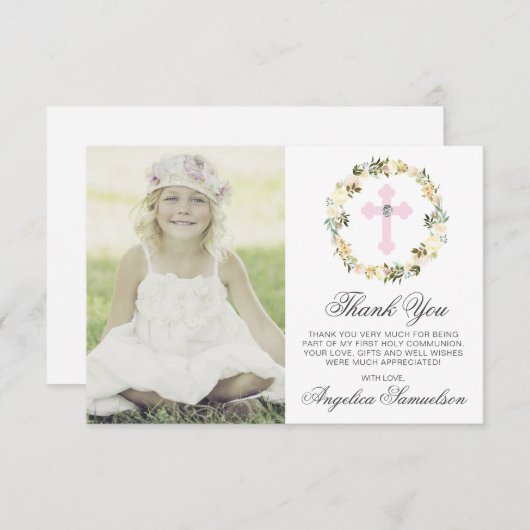 洗礼の聖餐の確認の女の子の花柄の写真 サンキューカード (正面/裏面)