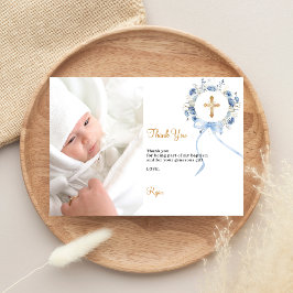 洗礼の青い花の写真感謝カード 招待状