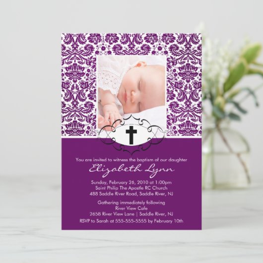 洗礼の《キリスト教》洗礼式や命名式の招待状の写真の紫色Damas 招待状 (スタンド正面)