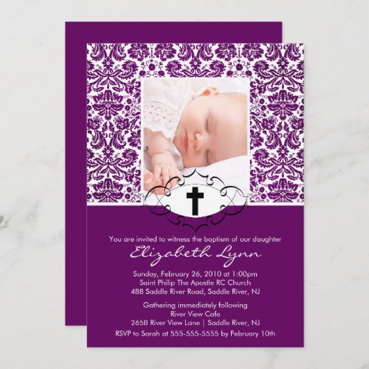 洗礼の《キリスト教》洗礼式や命名式の招待状の写真の紫色Damas 招待状 (正面/裏面)