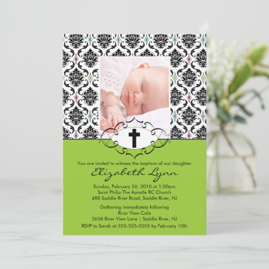 洗礼の《キリスト教》洗礼式や命名式の招待状の写真の黒のダマスク織 招待状 (スタンド正面)