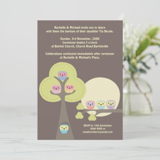 洗礼の《キリスト教》洗礼式や命名式式のかわいいフクロウの招待状 招待状 (スタンド正面)