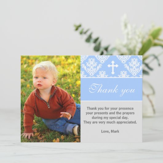 洗礼はノートのカスタムな写真カード青感謝していしています サンキューカード (スタンド正面)