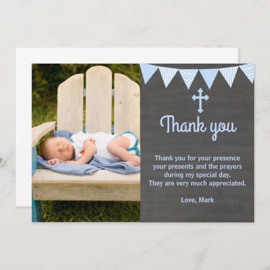 洗礼はノートの写真カード青の黒板感謝していしています サンキューカード (正面/裏面)