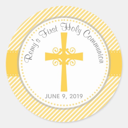 洗礼は/最初に聖餐ステッカーの黄色感謝していしています ラウンドシール (正面)