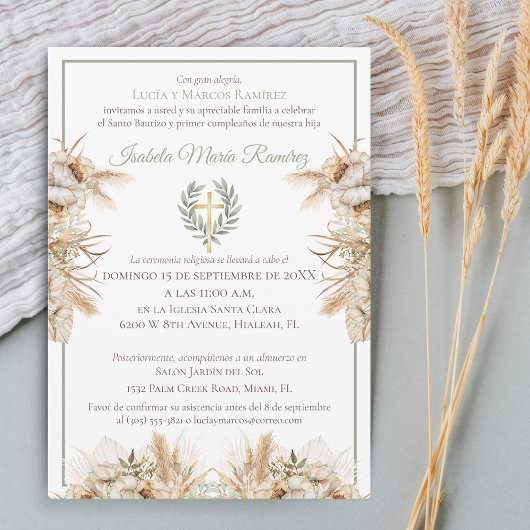 洗礼スペインのの最初の誕生日pampa grass 招待状