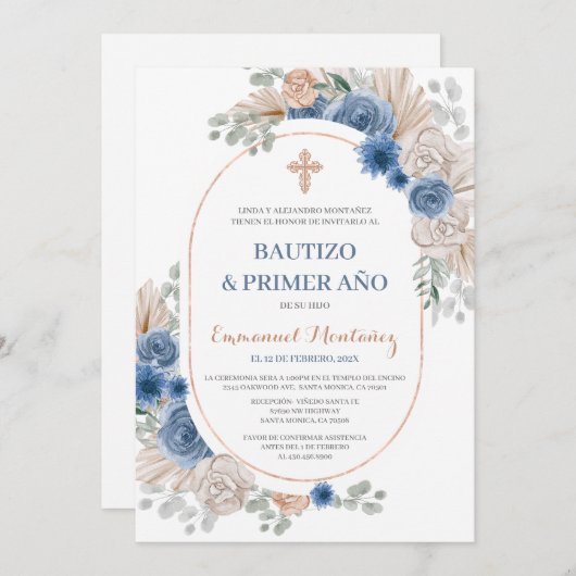洗礼スペインの招待状男の赤ちゃん 招待状 (正面/裏面)