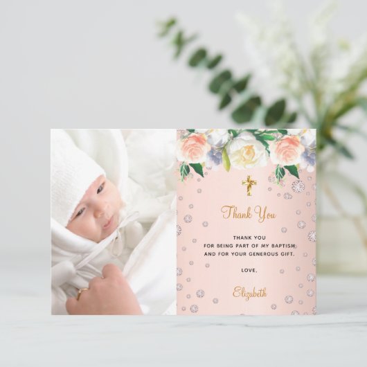 洗礼バラ金ゴールド花模様女の子の写真 サンキューカード (スタンド正面)