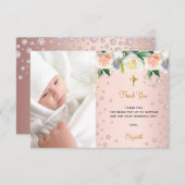 洗礼バラ金ゴールド花模様女の子の写真 サンキューカード (正面/裏面)
