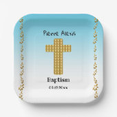 洗礼パーティー&金ゴールドクロス、グリッター、青 ペーパープレート (正面)