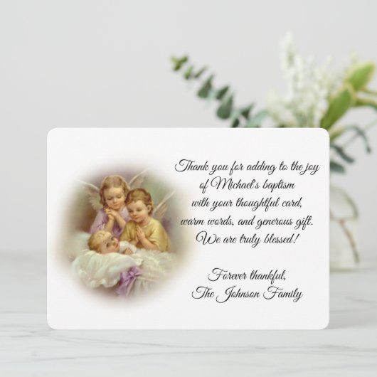 洗礼ベビーの守り神は感謝していしています サンキューカード (スタンド正面)