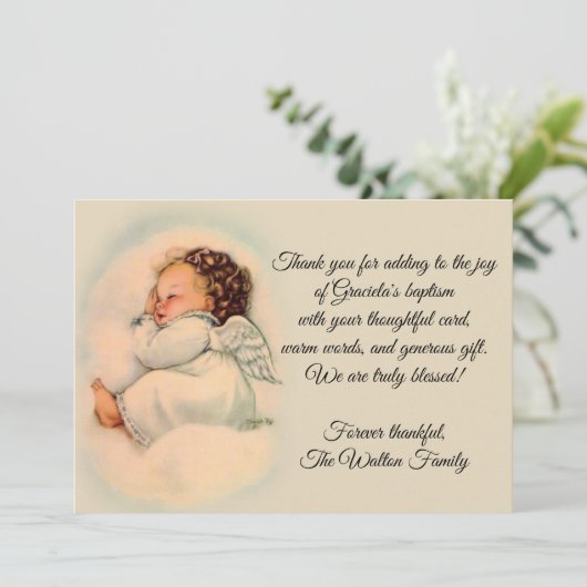 洗礼ヴィンテージの女の赤ちゃんの天使は感謝していしています サンキューカード (スタンド正面)