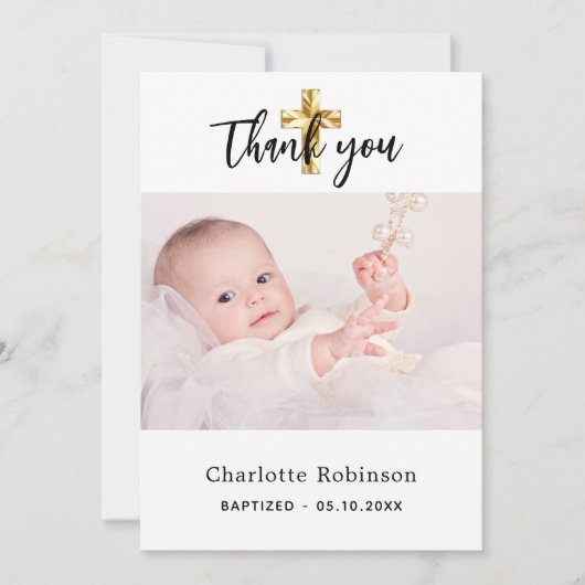 洗礼写真白シンプル文字サンキューカード 招待状 (正面)