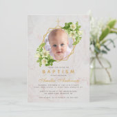 洗礼写真 花柄 幾何学模様 白いユリ 大理石 招待状 (スタンド正面)