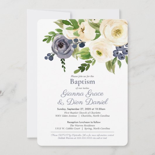 洗礼式と披露宴 – 女の子、男の子または双子 招待状 (正面)