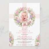洗礼式と1歳の誕生日を迎える女の子のピンクの春の花のデザイン 招待状 (正面)