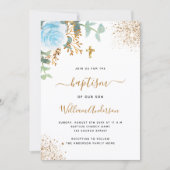 洗礼式ユーカリグリーン青金色花の少年 招待状 (正面)