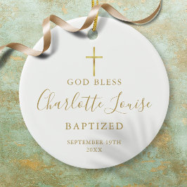 洗礼式・クリスチャニングの女の子と男の子 ゴールドのサイン セラミックオーナメント