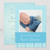 洗礼招待状カード - 青いチェック 招待状 (正面/裏面)