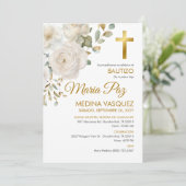 洗礼招待状 エレガントな白い花 おしゃれなデザイン 招待状 (スタンド正面)