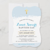 洗礼招待状 キュート モダン 十字架 ブラシストローク 青 招待状 (正面)