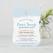 洗礼招待状 キュート モダン 十字架 ブラシストローク 青 招待状 (スタンド正面)
