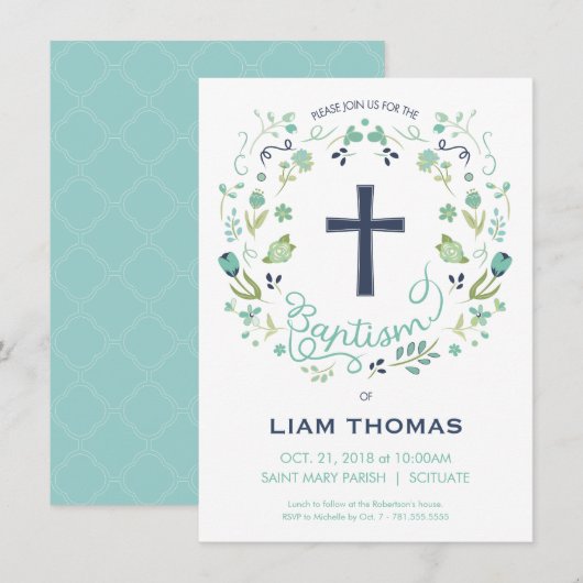洗礼招待状 - 男の子 - オーダーメイド - 十字架付き 招待状 (正面/裏面)