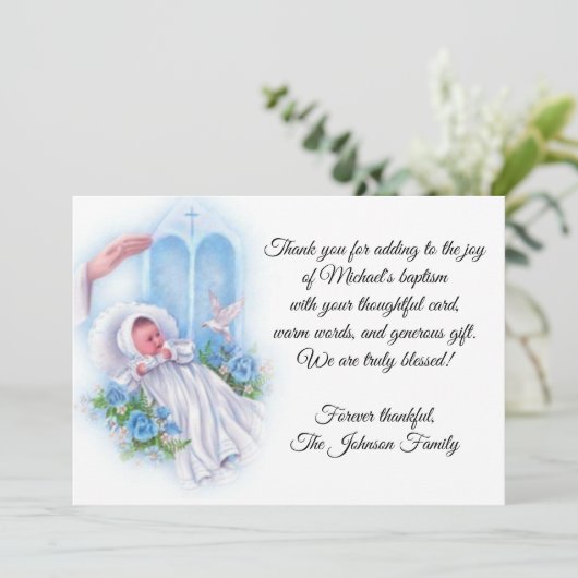 洗礼男の赤ちゃんの青い花は感謝していしています サンキューカード (スタンド正面)