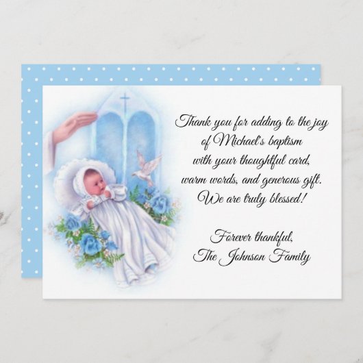 洗礼男の赤ちゃんの青い花は感謝していしています サンキューカード (正面/裏面)