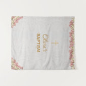 洗礼背景 ゴールド 十字架 ピンクのランガム マーブル タペストリー (正面(横))