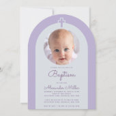 洗礼 アーチ フォト ラベンダー パープル 十字架 & 筆記体 招待状 (正面)