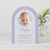洗礼 アーチ フォト ラベンダー パープル 十字架 & 筆記体 招待状 (スタンド正面)