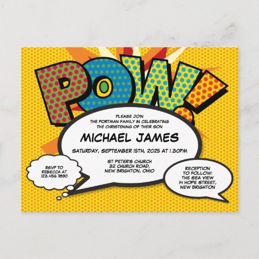 洗礼・キリスト教式・現代風コミックブック インビテーションポストカード (正面)