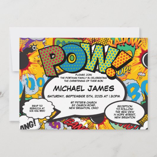 洗礼《キリスト教》洗礼式や命名式おもしろいモダン漫画書 招待状 (正面)